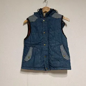 데님 블루 후드 부착 퀼팅 베스트