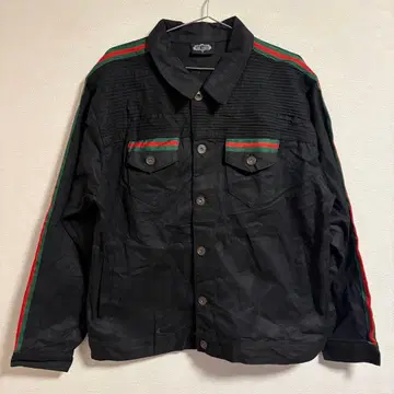 KING MAKER 블랙 데님 자켓 L 빨간색 그린 라인 구제 의류