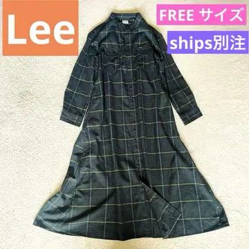 새상품급 Lee 체크 롱 셔츠 원피스 밴드 카라 네이비 그린