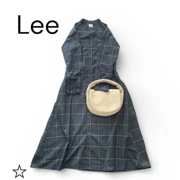 새상품급 Lee 체크 롱 셔츠 원피스 밴드 카라 네이비 그린