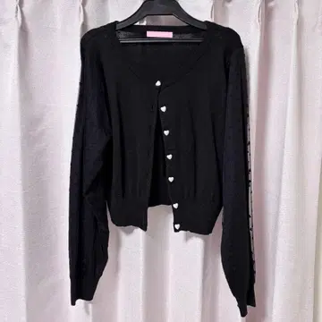 허니시나몬 소매 튤 하트 버튼 가디건 블랙 양산형