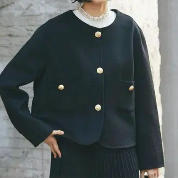 스마일 키드 울 100% 숏 기장 노카라 코트 골드 버튼 블랙 M