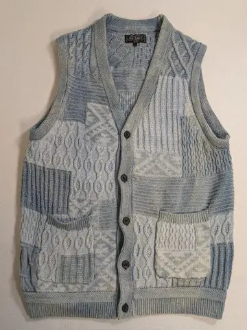 BEAMS 패치워크 니트 베스트 L 인디고