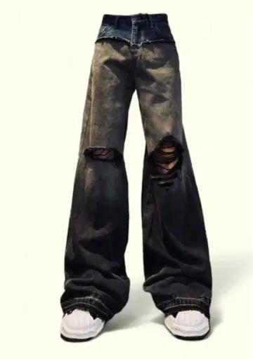 재구축 데미지 트로이 와이드 배기 플레어 데님