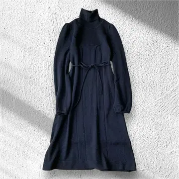 니트 원피스 허리 리본 하이넥 긴팔 심플 롱 F