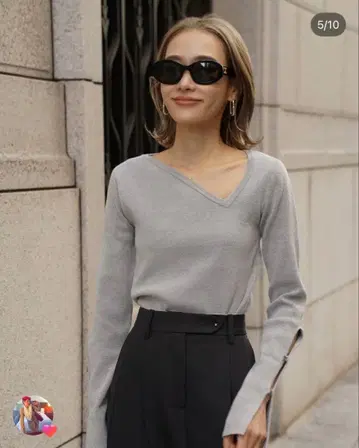 ellie 그레이 V넥 니트 스웨터 긴팔