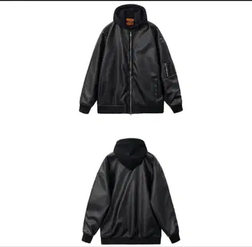 후드 부착 바시티 자켓 PU 가죽 자켓