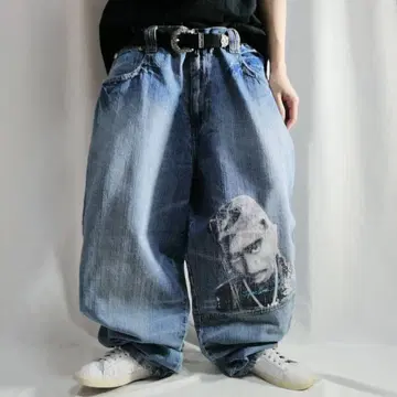 2PAC 마카벨리 럭셔리 프린트 자수 와이드 데님 배기 팬츠 W38