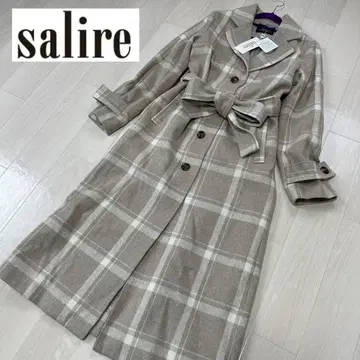 미사용 새상품 salire 사리아 체크 무늬 롱 코트 브라운 계열 울 M