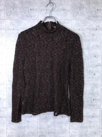 90's 구제 의류 모크넥 비침 전체 레이스 다크 브라운 긴팔 상의