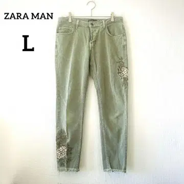 ZARA 자라 스키니 팬츠 L 카키 남성용 데미지 가공 꽃무늬 339