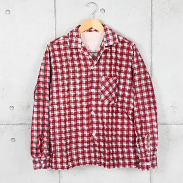 1950-60년대 오픈 카라 프린트 플란넬 셔츠 레드 x 화이트 M 상당