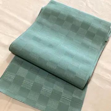 미재단 하카타 나고야 오비 순수 실크 그린 계열 체크 무늬