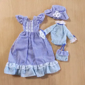 구 타카라 스트라이프 패턴 원피스 스카이블루 셋업 인형 의류 아웃핏