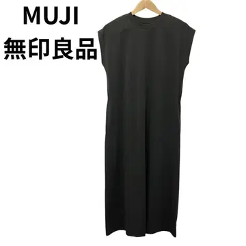 무인양품 다크 그레이 슬리브리스 롱 티셔츠 원피스 사이드 포켓
