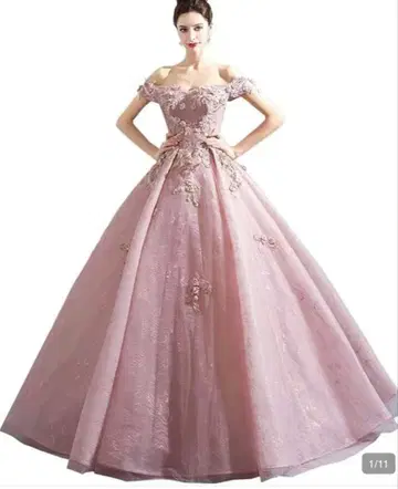 핑크 오프숄더 자수 드레스