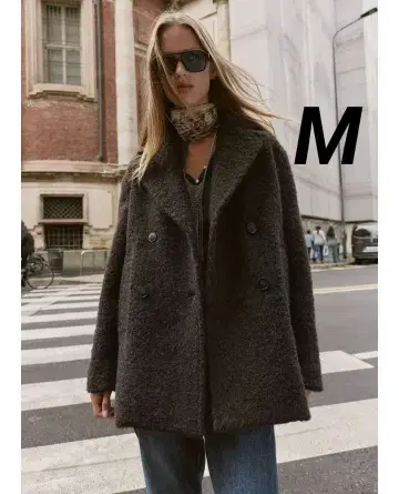 완판템 ZARA 부클 더블 브레스트 미디 기장 코트 M 다크 브라운