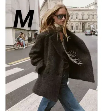 완판템 ZARA 부클 더블 브레스트 미디 기장 코트 M 다크 브라운