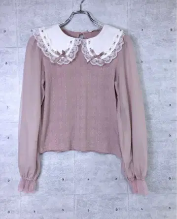 양산 걸리시 구제 의류 새틴 리본 레이스 트리밍 빅 칼라 긴팔 상의