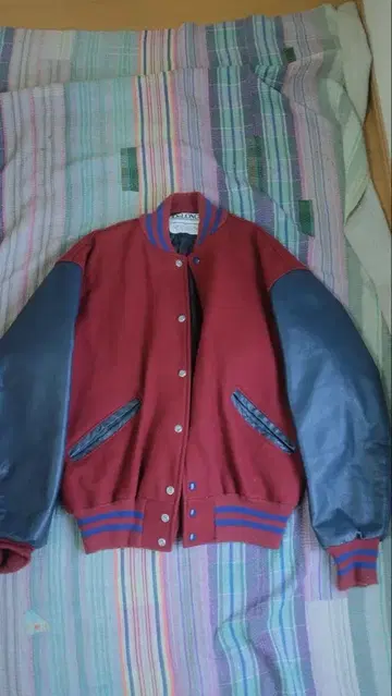 90s 빈티지 바시티 자켓 울 x 천연 가죽 버건디 스트릿