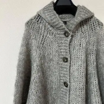 후드 부착 그레이 니트 가디건