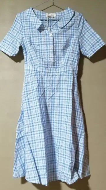 미사용품 inman 파랑과 화이트 체크 무늬 반팔 셔츠 원피스
