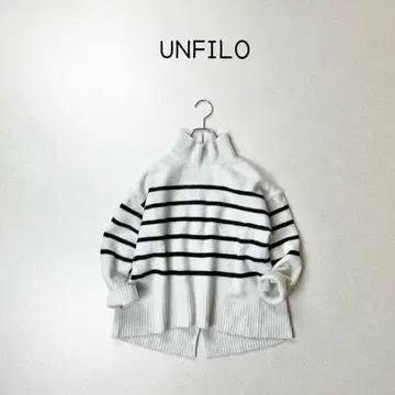 UNFILO 워셔블 캐시미어 블렌드 하이넥 니트 그레이 보더