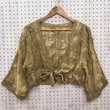 보헤미안 시크 구제 의류 유적 기하학 패턴 자수 크롭 타이 프론트 볼레로