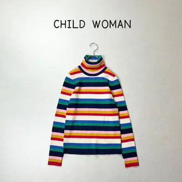 CHILD WOMAN 쫄깃쫄깃 멀티 보더 리브 터틀 니트 스웨터