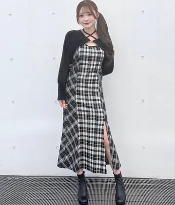 샤기 볼레로 롱 체크 원피스