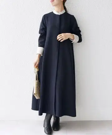 SHIPS any NAVY BLUE 더블 크로스 원피스 밴드 카라