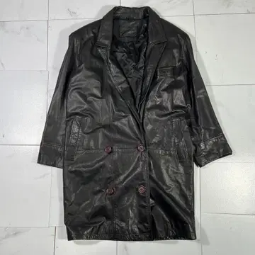 빈티지 더블 브레스트 가죽 코트 소가죽 천연 가죽 블랙