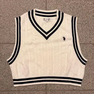 U.S.POLO ASSN 케이블 짜임 V넥 베스트 화이트