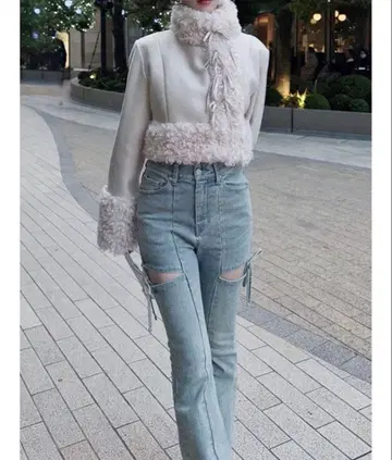 RESEXXY 컷아웃 리본 데님 팬츠