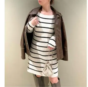 택 포함 새상품 스나이델 리브 니트 미니 원피스 보더