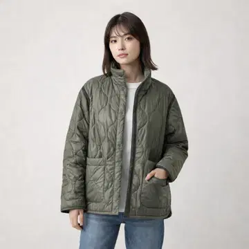 FOR SERIES 카키 퀼팅 자켓 충전솜 스탠드 카라 경량