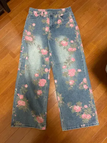 꽃무늬 데님 스트레이트 팬츠