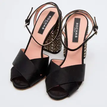 [ 미사용 새상품 ] ROCHAS 블랙 글리터 힐 샌들 37 1/2