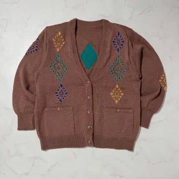 브라운 니트 가디건 자수 패턴 울 100% 가을/겨울 출퇴근
