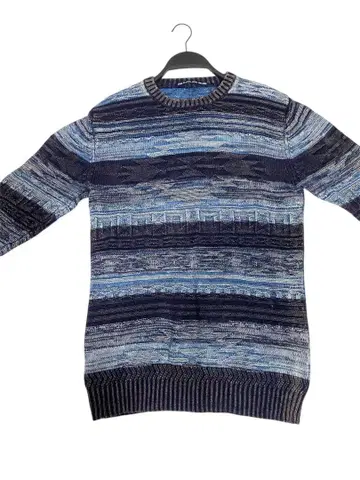 [ 면 100% ] 정석 스트라이프 니트 M 네이비 파랑 크루넥 청결감