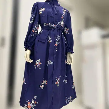 기모노 리메이크 앞트임 네이비 꽃무늬 자수 롱 셔츠 원피스