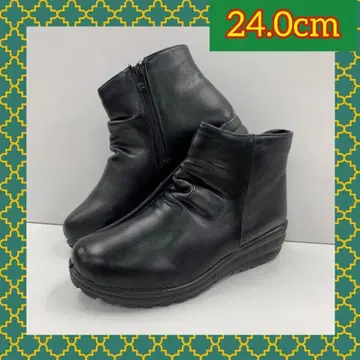 24.0cm 새상품 여성용 주름 가공 폭넓은 슬림 레그 부츠 블랙