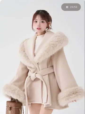 다리치 퍼 플레어 판초 코트 프리 사이즈 핑크