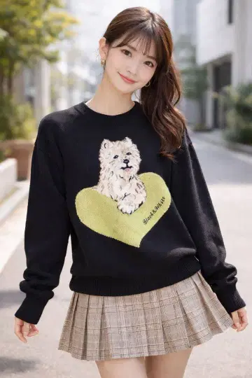 Black & White 도그 모티브 니트 하트 무늬 일본제 M