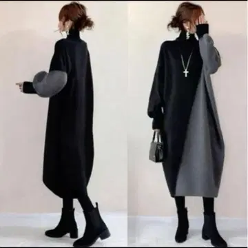 바이컬러 하이넥 니트 원피스 블랙 그레이 코쿤 고급