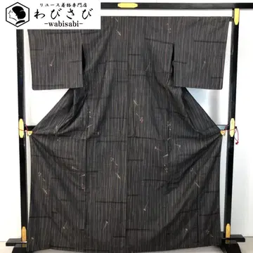 명주 기모노 물고기 패턴 세로 줄무늬 흑색 톨 사이즈 K-5653