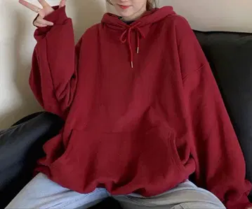 버건디 오버 사이즈 후드 부착 후드티