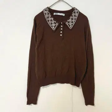 자라 ZARA 비쥬 카라 니트 [ S ] 카라 부착 얇은 소재 브라운