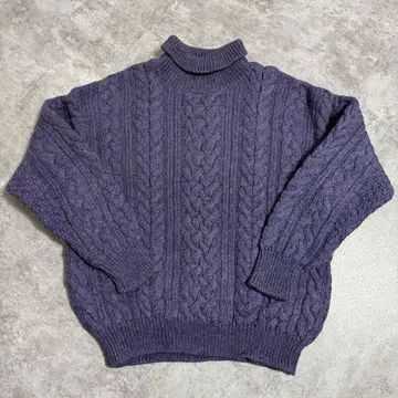 아란 니트 터틀넥 스웨터 아일랜드제 100% 울 보라색 M