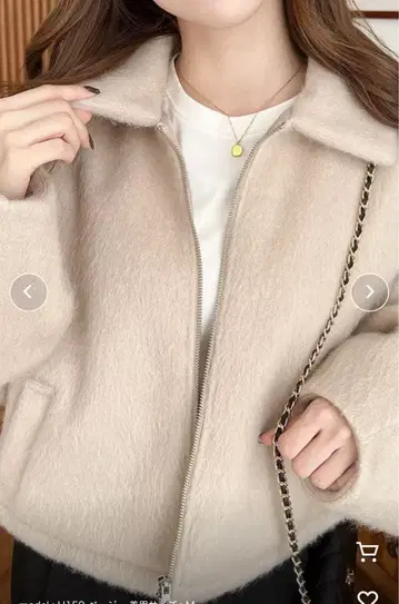 W 지퍼 볼륨 슬리브 샤기 숏 블루종 베이지